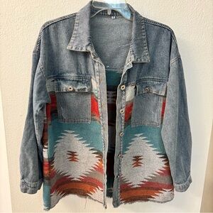 Denim Jacket with Southwestern Pattern